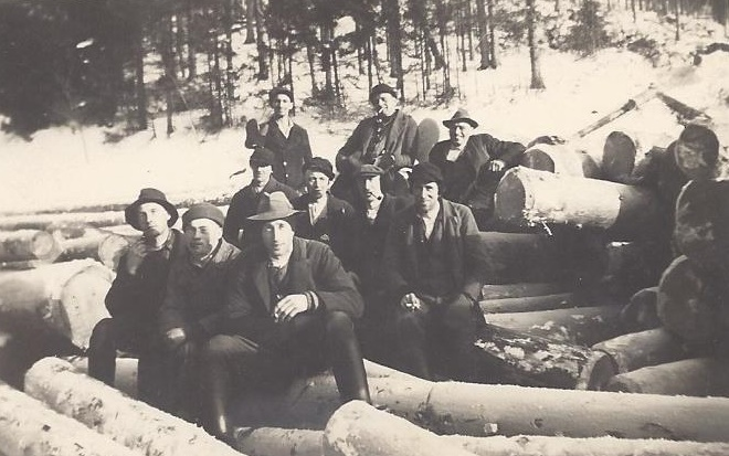 Bild Nr. 2 – Waldarbeiter aus Neu Josefsthal; 1. Reihe von links sitzend: Gustav Schwarzer, Franz Schwarzer, Alois Hilgart; in der 2. Reihe sitzend von links: Edi Seidel, Josef Schwarzer, Anton Schartel, Franz Seidel; 3. Reihe stehend von links: Adolf Kleiner (aus Neu Goldenstein), Franz Hilgart, Emil Seidel.