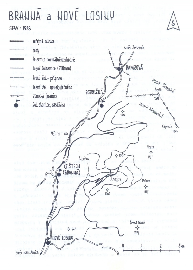 Bild Nr. 2) Schema der Waldeisenbahnen in der Umgebung von Goldenstein/Branna (Goldenstein und Neu Ullersdorf; Stand: 1928; Öffentliche Straßen; Wege; Eisenbahn – Normalspurbahn; Waldeisenbahn /700 mm/; Waldeisenbahn – vorbereitet; Waldeisenbahn – nicht realisiert; Landesgrenze; Eisenbahnstation, Haltestelle).