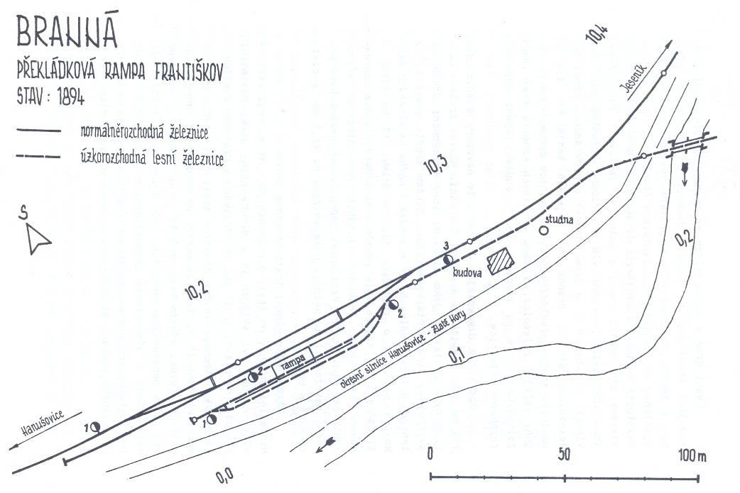 Bild Nr. 4) Schema der Haltestelle und des Umschlagplatzes Franzenthal (Goldenstein; Umschlagrampe Franzenthal; Stand: 1894; Normalspurbahn; Schmalspurwaldeisenbahn).